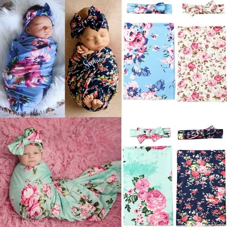 Newborn Baby Floral Swaddle Wrap Swaddling Sleeping Bag Blanket Headband