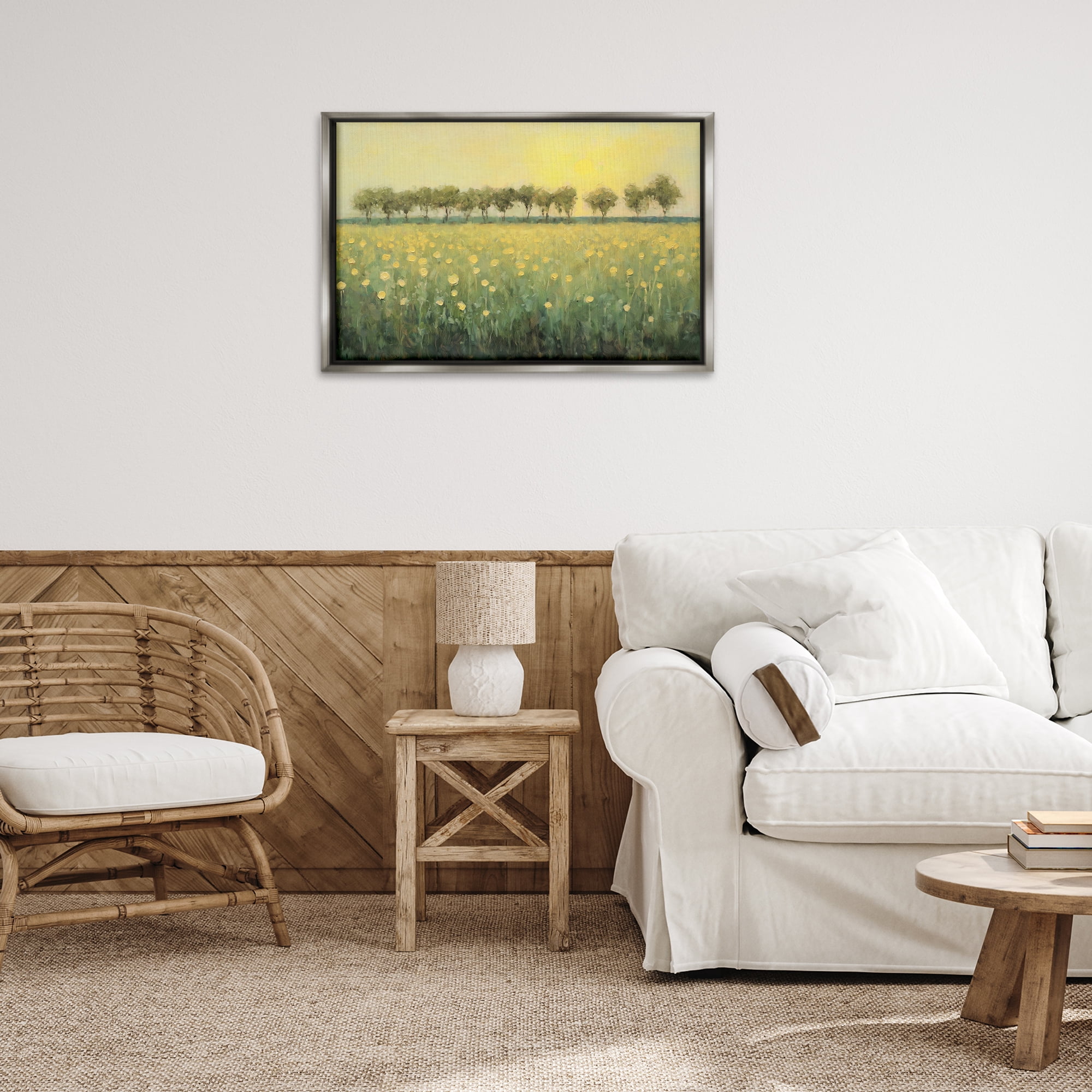 Stupell Industries Golden Field Meadow Landscape & Nature Painting Gray Floater Framed Canvas Art Print Wall Art, 31 x 21
