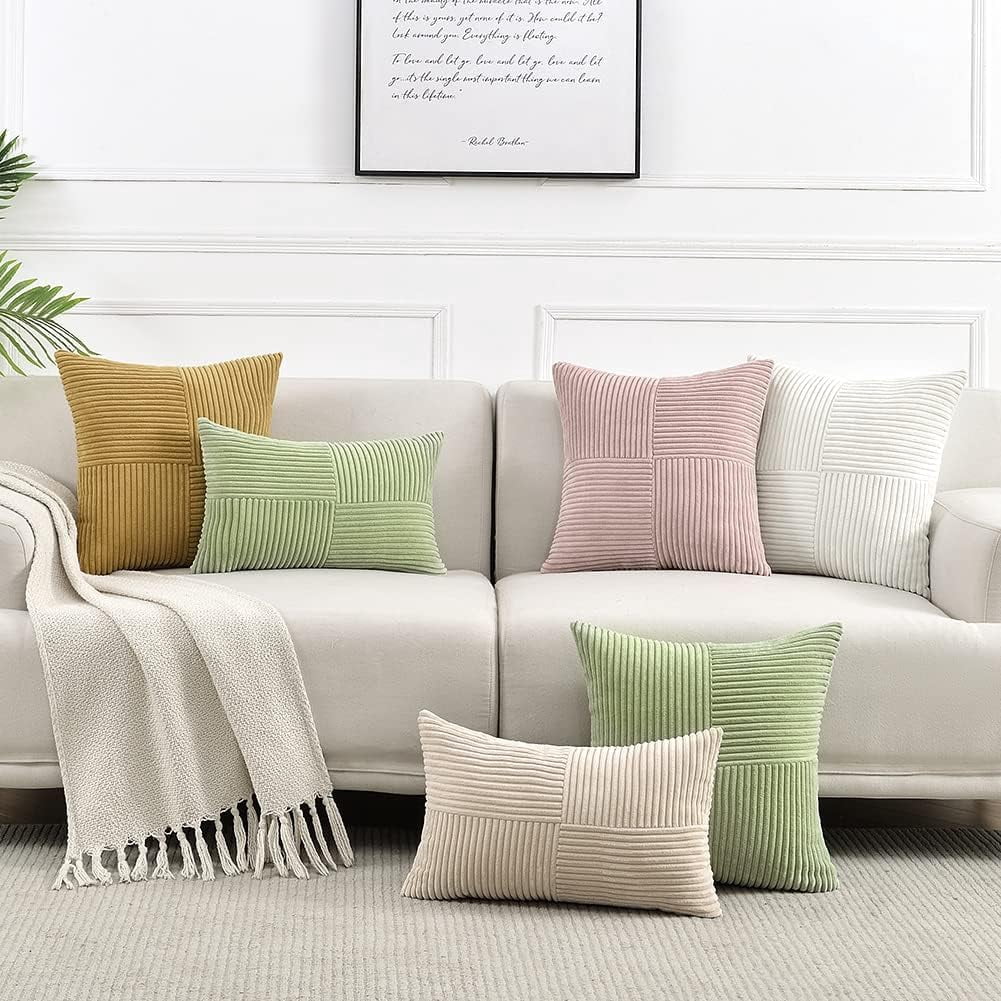 2 Packs Decorative Throw Pillow Covers for Living Room Couch Bed, Farmhouse Boho Home Decor, Soft Corss Corduroy Patchwork Textured Square Cushion Case
