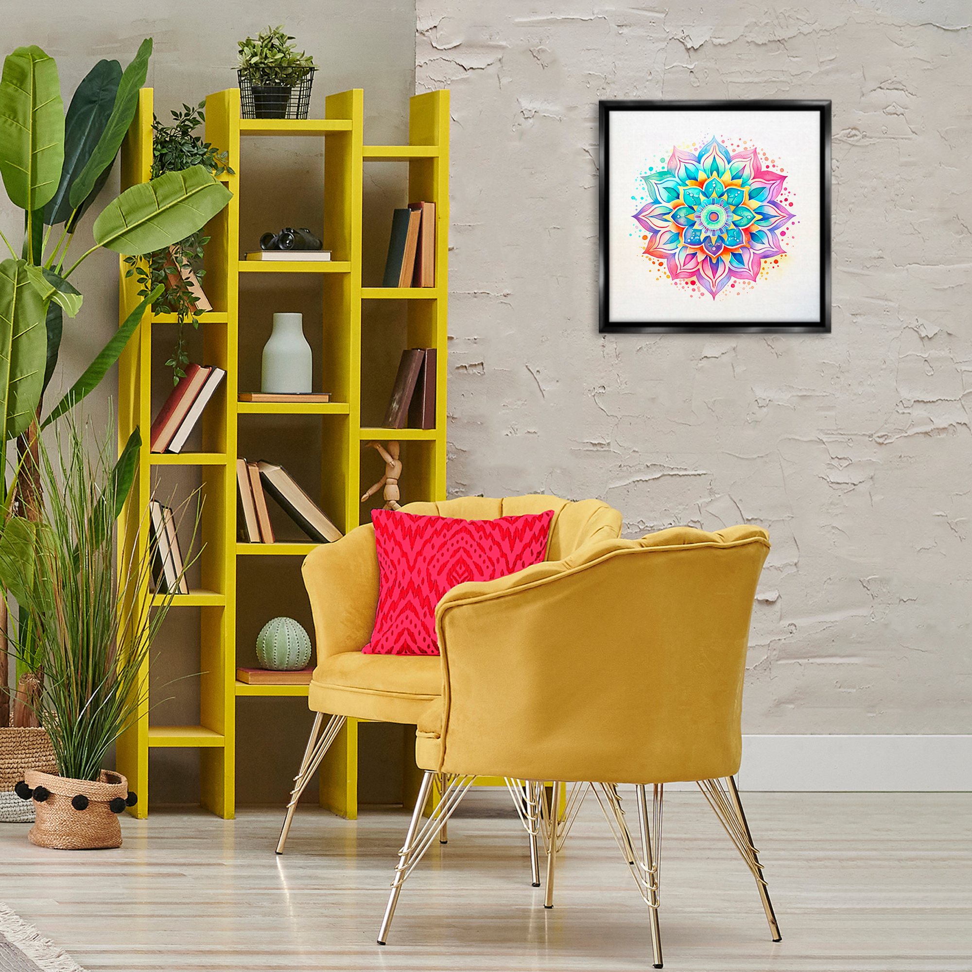 Stupell Industries Magic Rainbow Mandala Abstract Painting Black Floater Framed Canvas Art Print Wall Art, 18 x 18