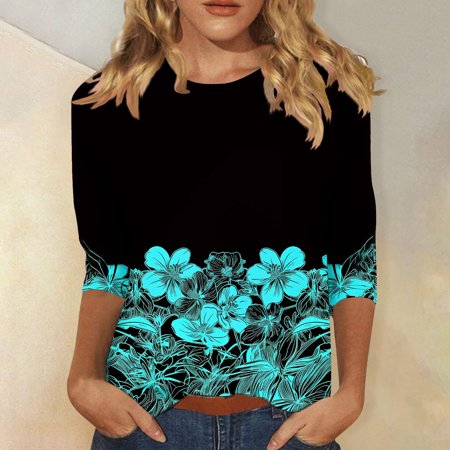 Patlollav 3/4 Length Sleeve Womens Tops Casual Loose Fit Crewneck T Shirts Cute Print Three Quarter Length Tunic Tops