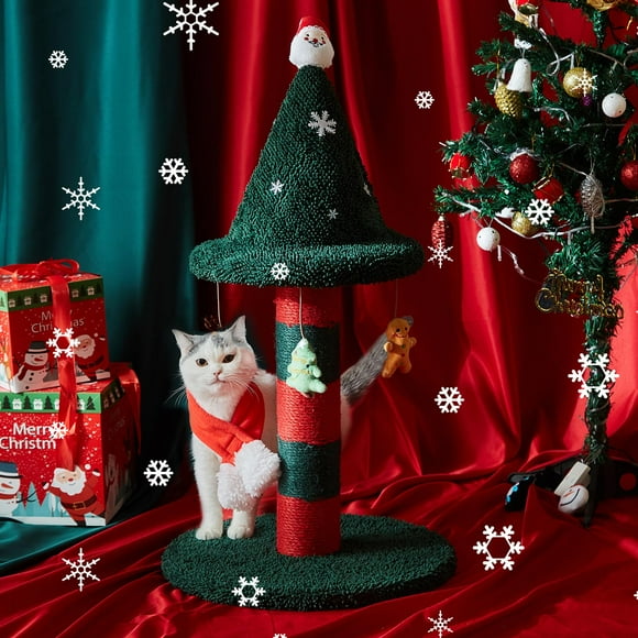 LUCKITTY Cat Scratching Post with 4 Hanging Plush Toy - Christmas Tree Alternative Give Your Cat a Toy and Scratching Post in One with This Ulti