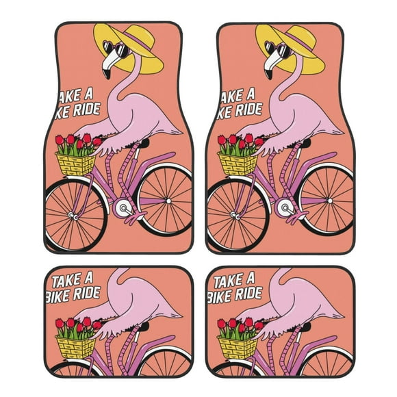 Balery Flamingo Riding a Bicycle Juego de 4 Alfombrillas para Auto, Revestimientos de Caucho Resistente, Diseño Antideslizante