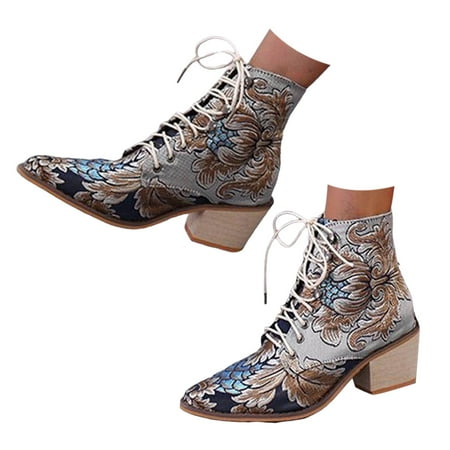 

Womens Vintage Floral Embroidered Block Heel Cowboy Boots Heighten Ankle Booties