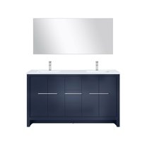 Lafarre 60 in W Navy Blue Double Vanity, White Quartz Top, Faucet Set & 55 in Mirror