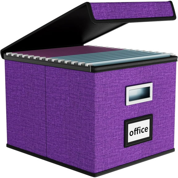 File Organizer Box with Lid, Collapsible File Folder Organizer for Office Document Storage, Filing Box with Plastic Slide for Letter/Legal Size Hanging Files, Purple