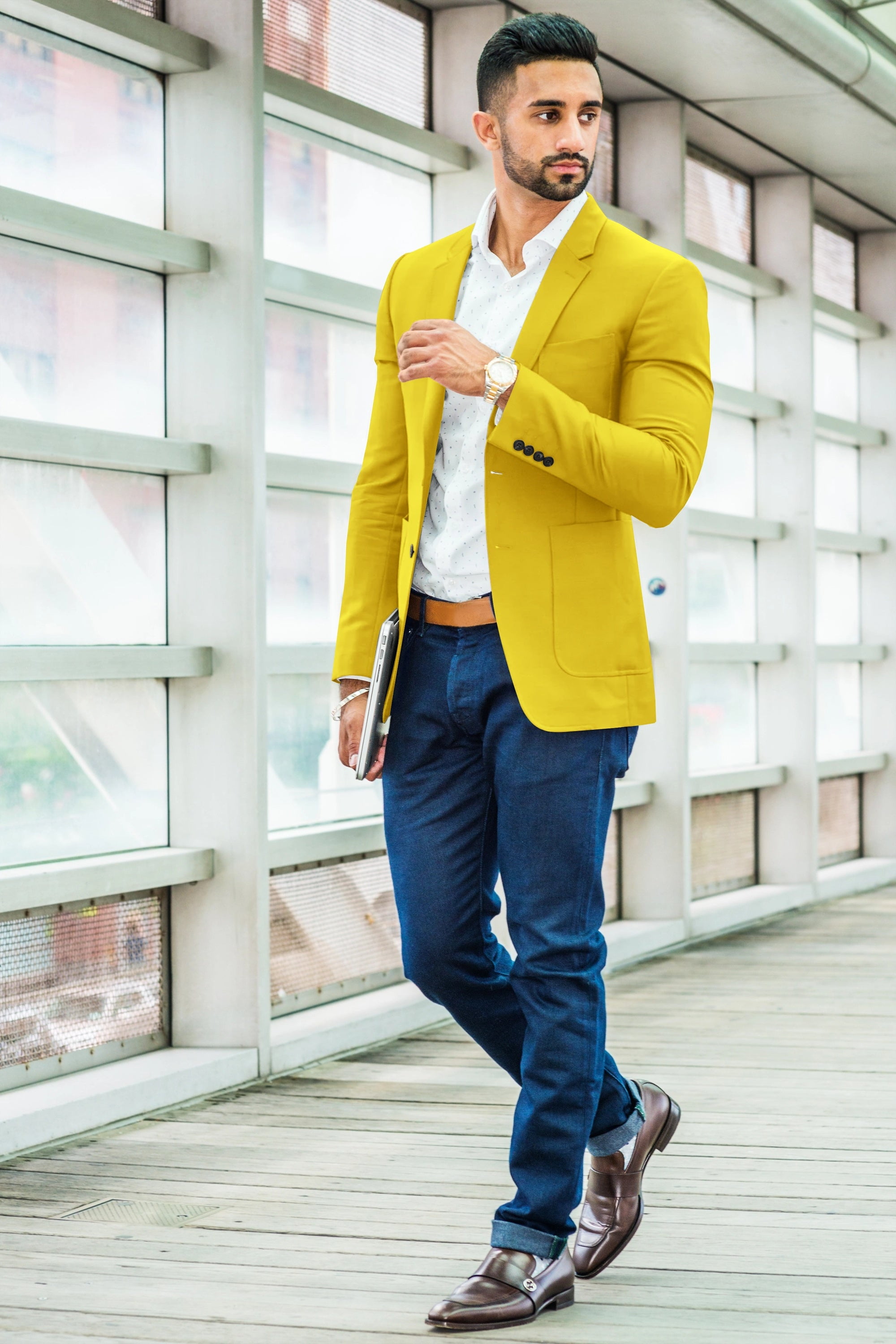 Tan Blazer with Yellow Watch Outfits For Men After 40 (3 ideas
