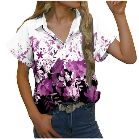 

Ladies Tops And Blouses Women s V-neck Short Sleeves Floral Printed Pattern Casual Tops Blouse Print Shirt Maternity Blouses Purple L
