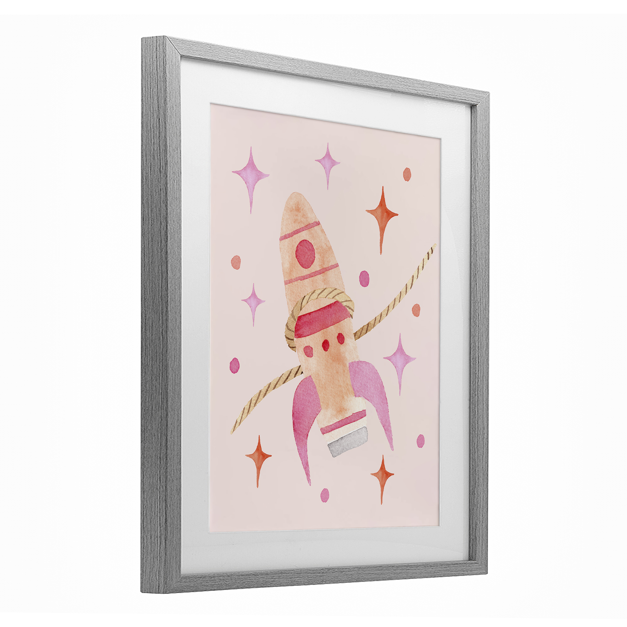 Lasso Rocket Ship Gray Framed Print Under Glass, design by Nina Jacobs