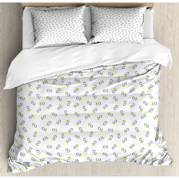 Floral Duvet Cover Set, Abstract Small Spring Blooms with Green Leaves Vintage Style Pattern, Decorative 3 Piece Bedding Set with 2 Pillow Shams, King Size, Green Violet Blue White, by Ambesonne