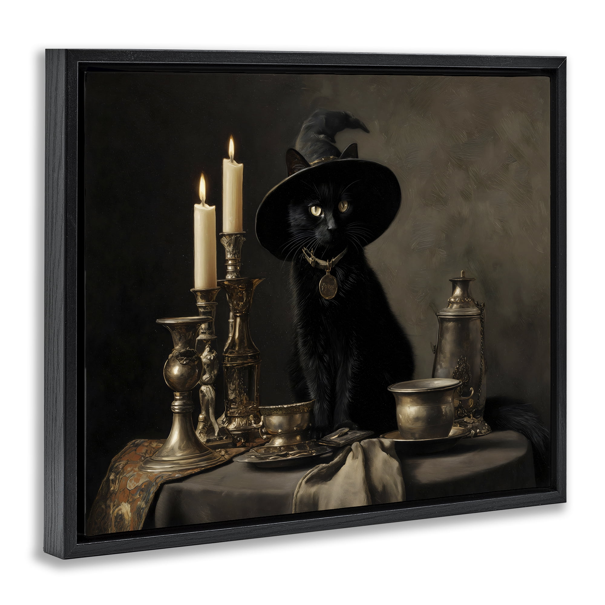 Vintage Witchy Black Cat Black Framed Floater Canvas Wall Art, design by Arlington Prints