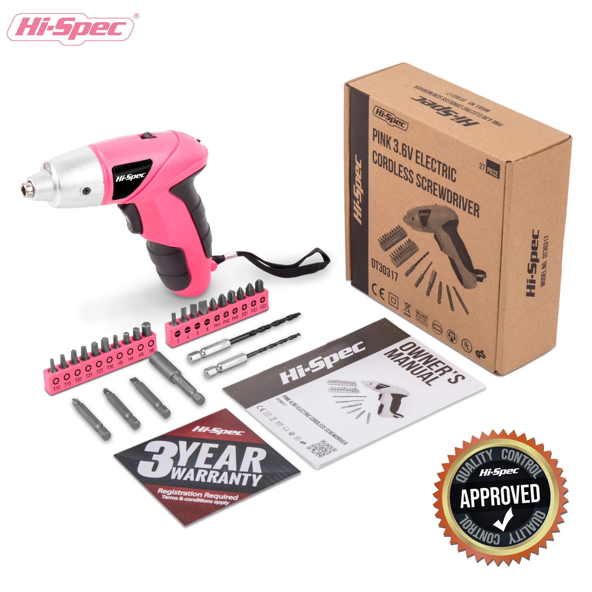 Hi-Spec 3.6V Mini Wireless Cordless Electric Power Screwdriver & Bit Set, Li-ion Battery Rechargeable, 27pc
