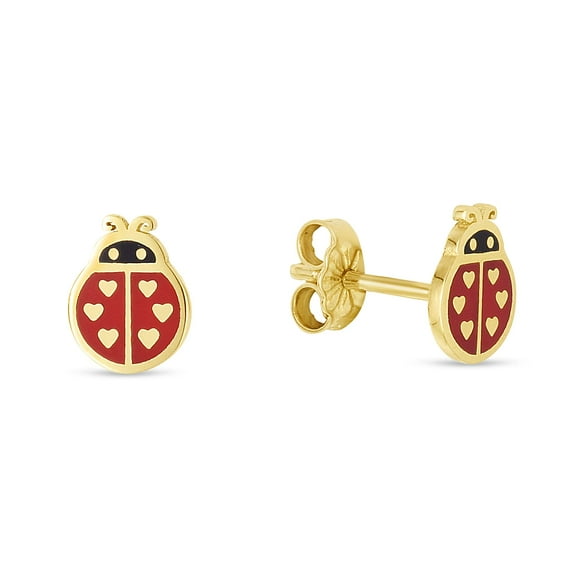 Floreo 14k Yellow Gold 8mm Red Ladybug Enamel Earrings