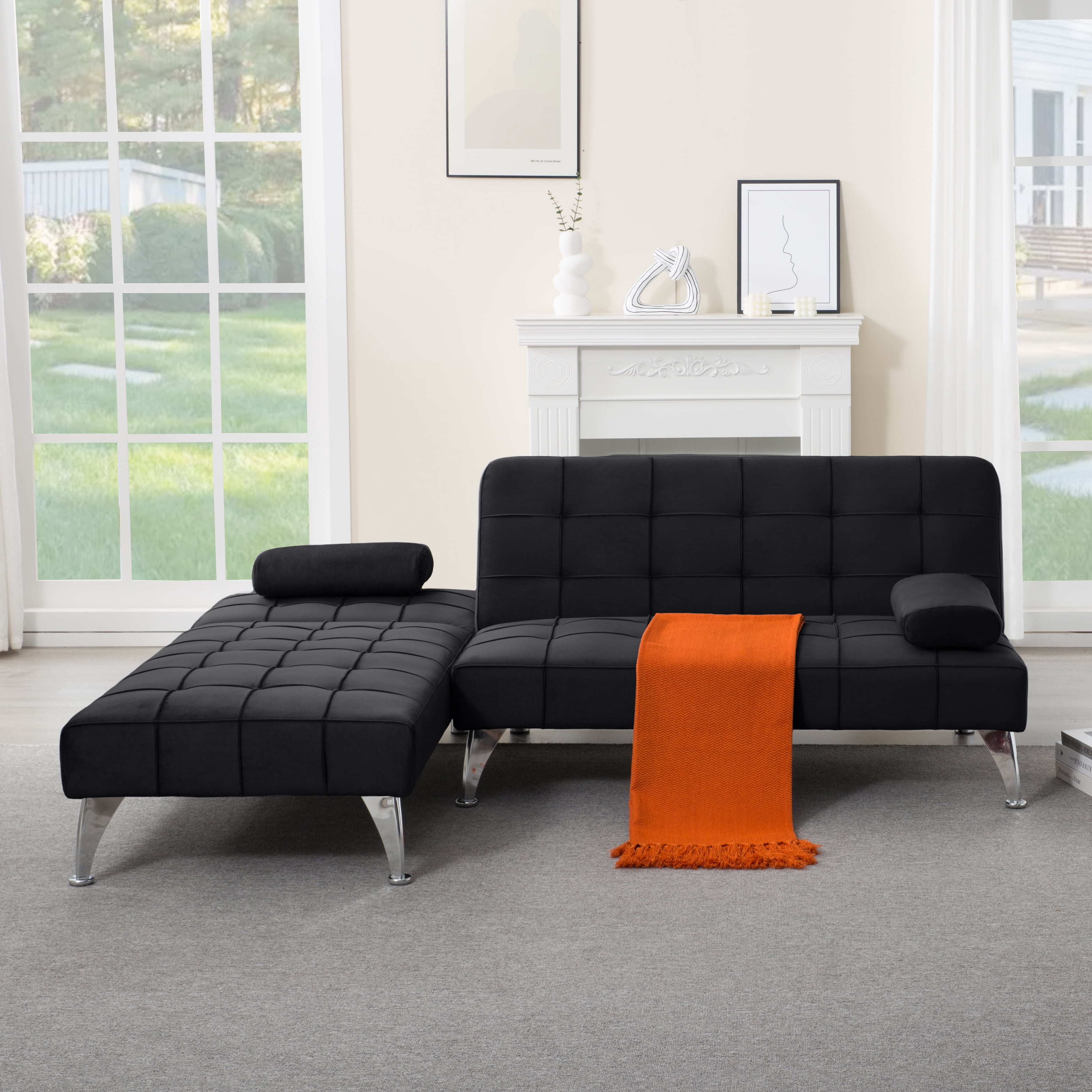 Gewnee 78.35”L-Shaped Velvet Reversible Sectional Sleeper Sofa,Futon Sofa with Adjustable Split Back & Chaise,Couch for Home,Office and Guest Room.Black