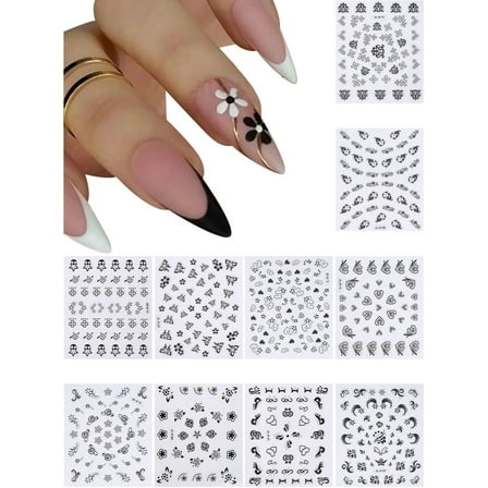 10Pcs Self Adhesive Plastic 3D Luminous Embossed Floral Nail Art Stickers Black Flower Small Manicure Decals for Women Nail Tips Decorations 52x62x0.3mm