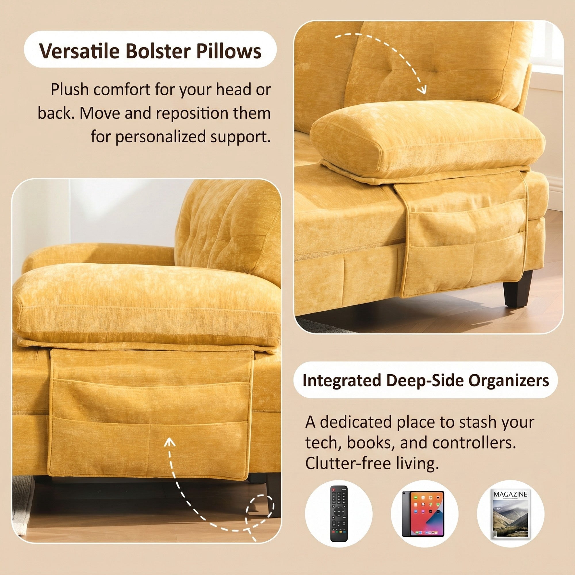 Sailvan 103.5" U-Shaped Sectional Sofa, Chenille Fabric Couch with Dual Chaises and Storage Pockets Yellow