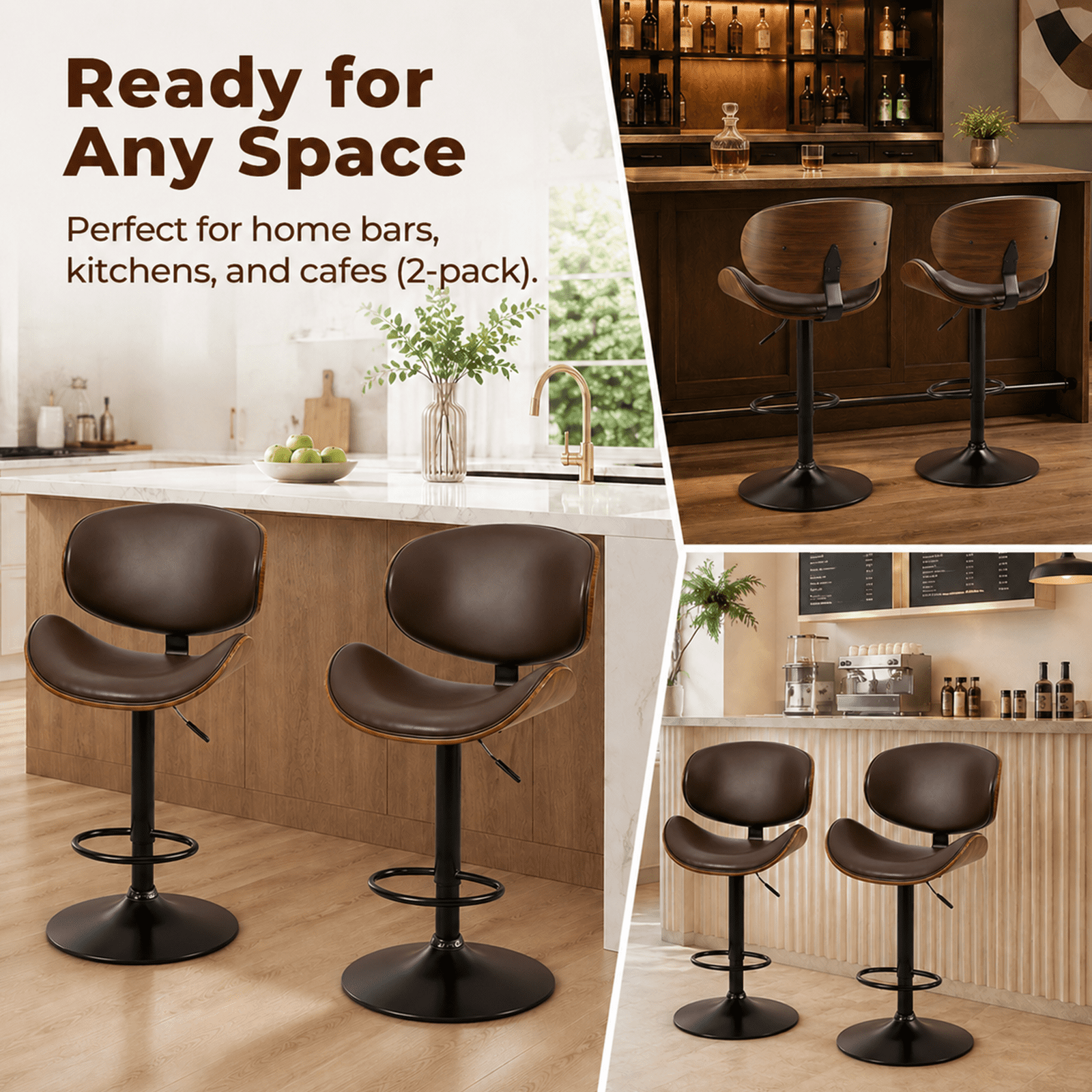 Alvantor 2-Pack Swivel Bar Stools, for Kitchen Counter, Adjustable Bar Height Chairs, Modern PU Leather Upholstered Bar Chair with Back and Footrest, for Bar, Kitchen Island, Dining Room