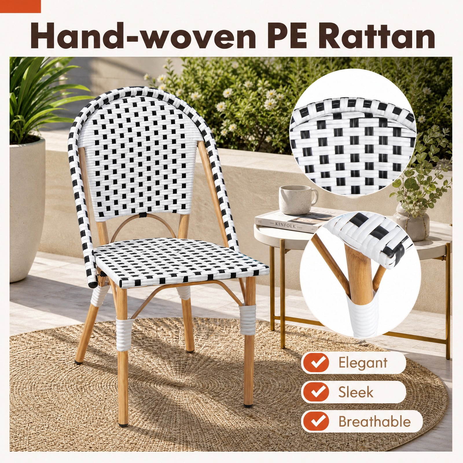 Furnibear French Bistro Chair Set of 2 with Hand-Woven PE Rattan Seats and Galvanized Metal Frame for Patio Garden and Balcony, White