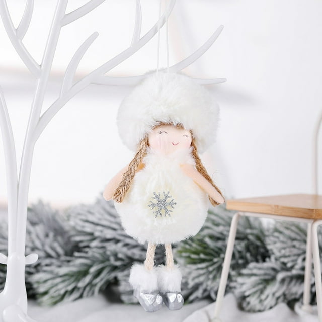 PVCS Girl Angel Plush Doll Snowflake Pattern Christmas Tree Pendant - White