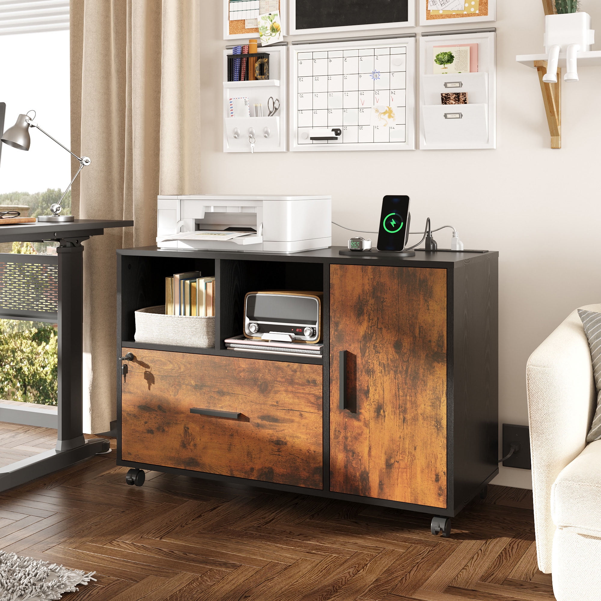 GALAXHERO Wood File Cabinet with Lock and Charge Station, Mobile Printer Stand with Storage Shelves for Home Office, Rustic Brown