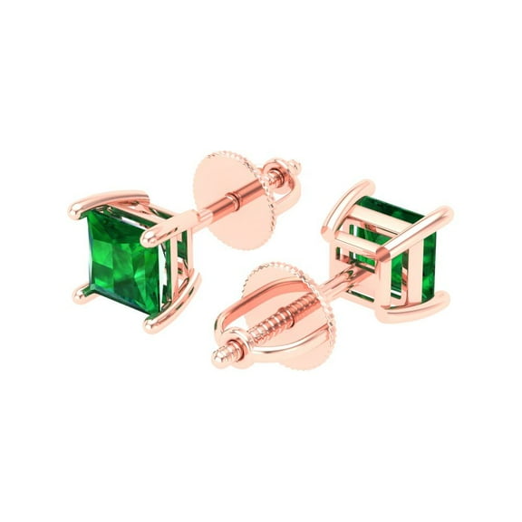 1 Ct Princess Cut Studs Green Emerald 14K Rose Solid Solid Gold Everyday Dainty Earrings Screw Back