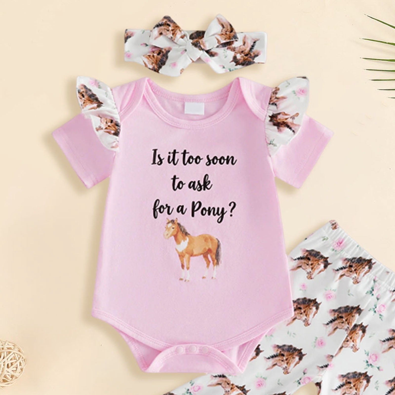 Faraee Baby Girl Clothes Newborn Outfits with Headband Letter Short Sleeve Romper Cow Print Flare Pants 3Pcs Summer Set (3-6M,Pink)