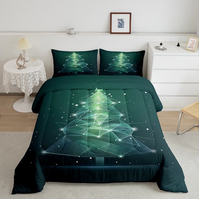Erosebridal Glitter Xmas Tree Bedding Queen Comforter Set, Neon Geometry Down Comforter, Green Christmas Theme Decor, 3pcs