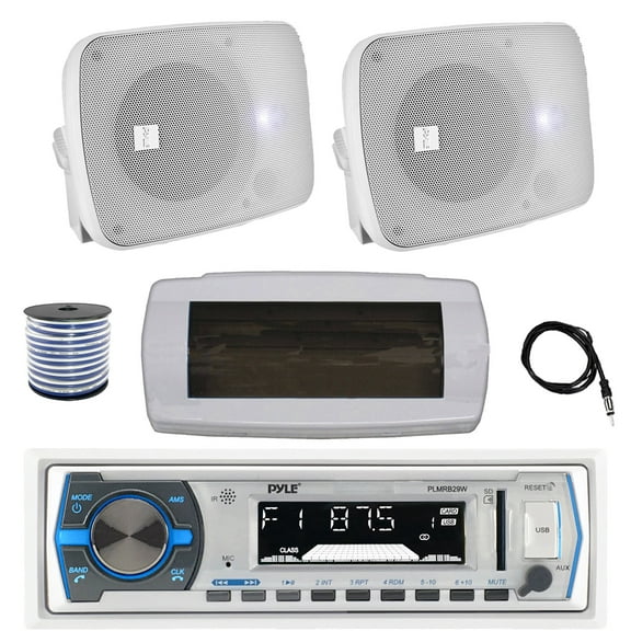 Pyle PLMRB29W Single DIN Bluetooth Marine MP3 AM/FM Stereo Receiver with White Cover, 22" Radio Antenna, Wire, 2x 5.25" 600 Watt Max Power Bluetooth Indoor/Outdoor Waterproof Audio Speakers (Black)