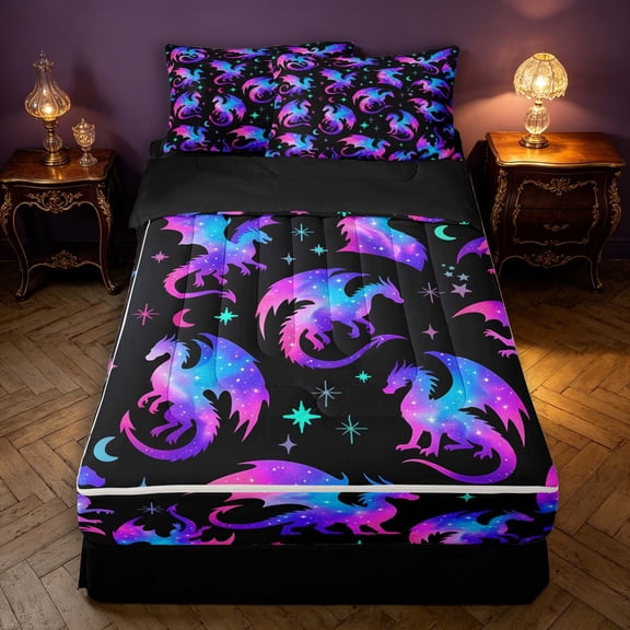 Manfei Fantasy Dragon Animals Zipper Twin Comforter Sets with Fitted Sheet and 2 Pillowcases,Vintage Stars Moon Zipper Bedding Set,Blue Purple,Black Reversible,4pcs