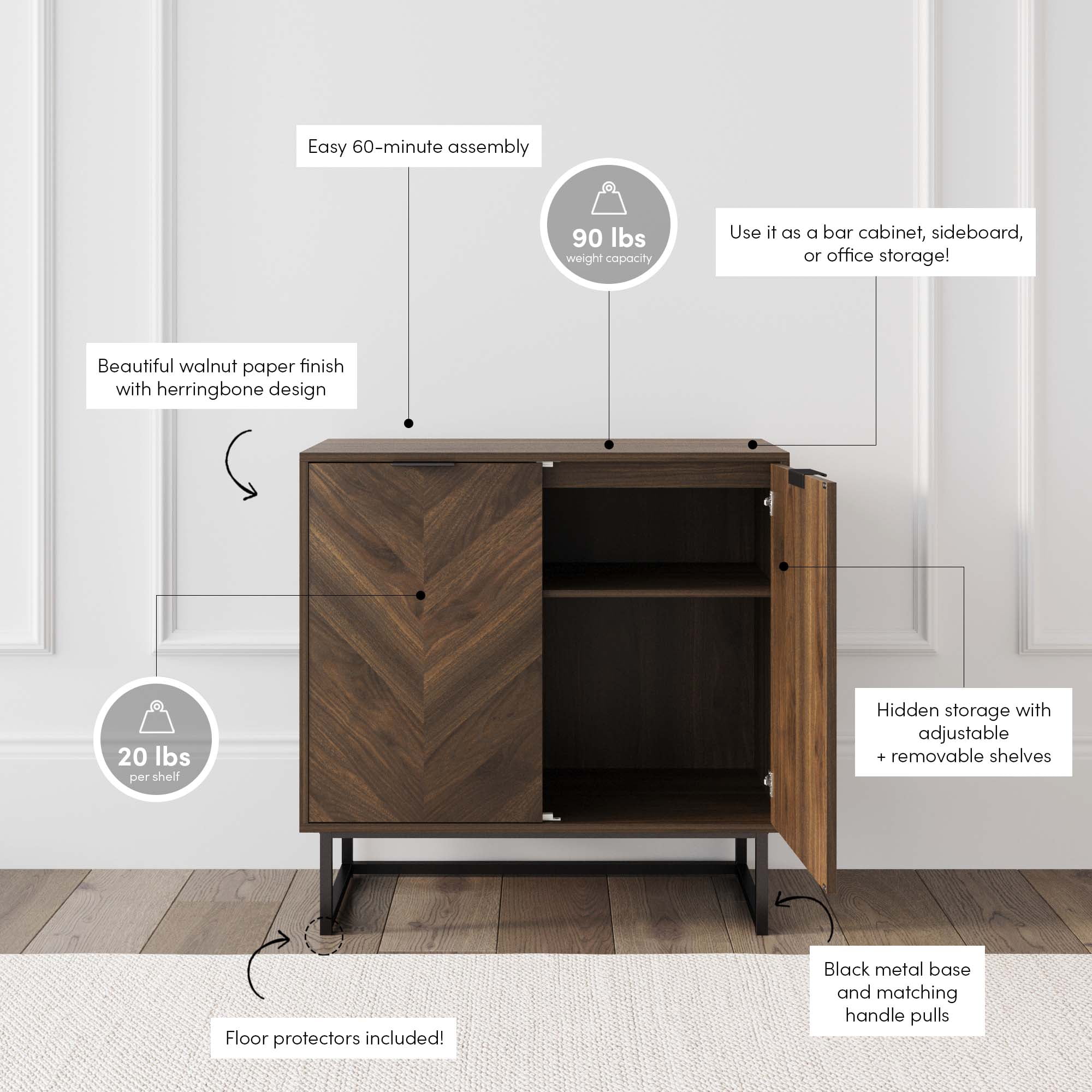 Nathan James Enloe Walnut Rustic Doors Black Metal Frame Base Modern Accent Storage Cabinet for Entryway