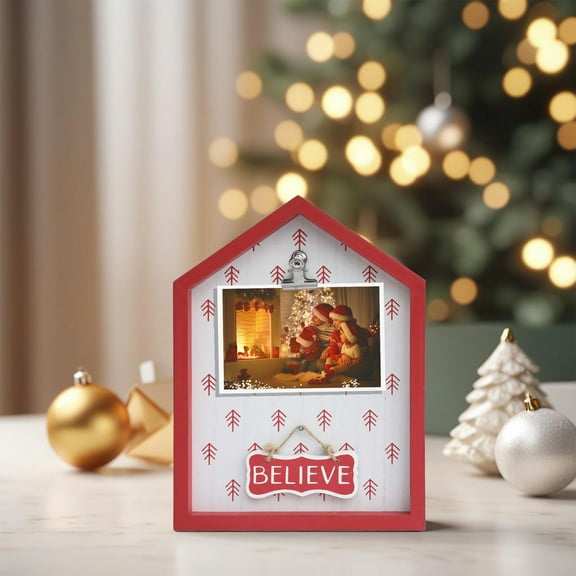 Parisloft Noel/Believe House Shaped Wood Wall Christmas Plaque with Metal Photo Clip