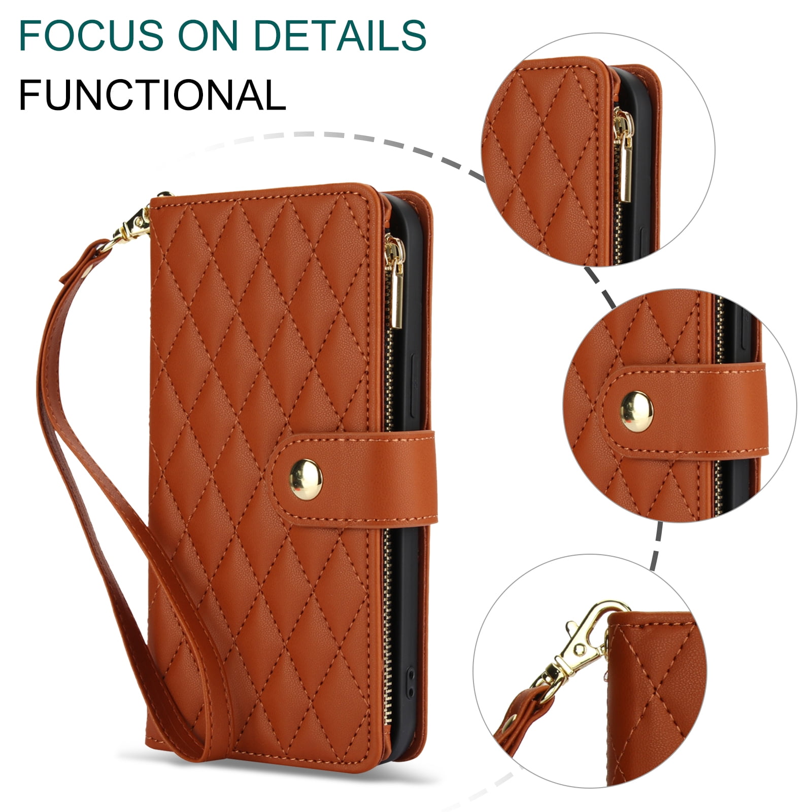 Phone Case for Apple iPhone 14 Plus, Premium iPhone 14 Plus Case with Wallet, Card Holder, Coin Zipper Pocket Shockproof Flip Cover Stand with Wrist Strap & Detachable Shoulder Strap,Brown