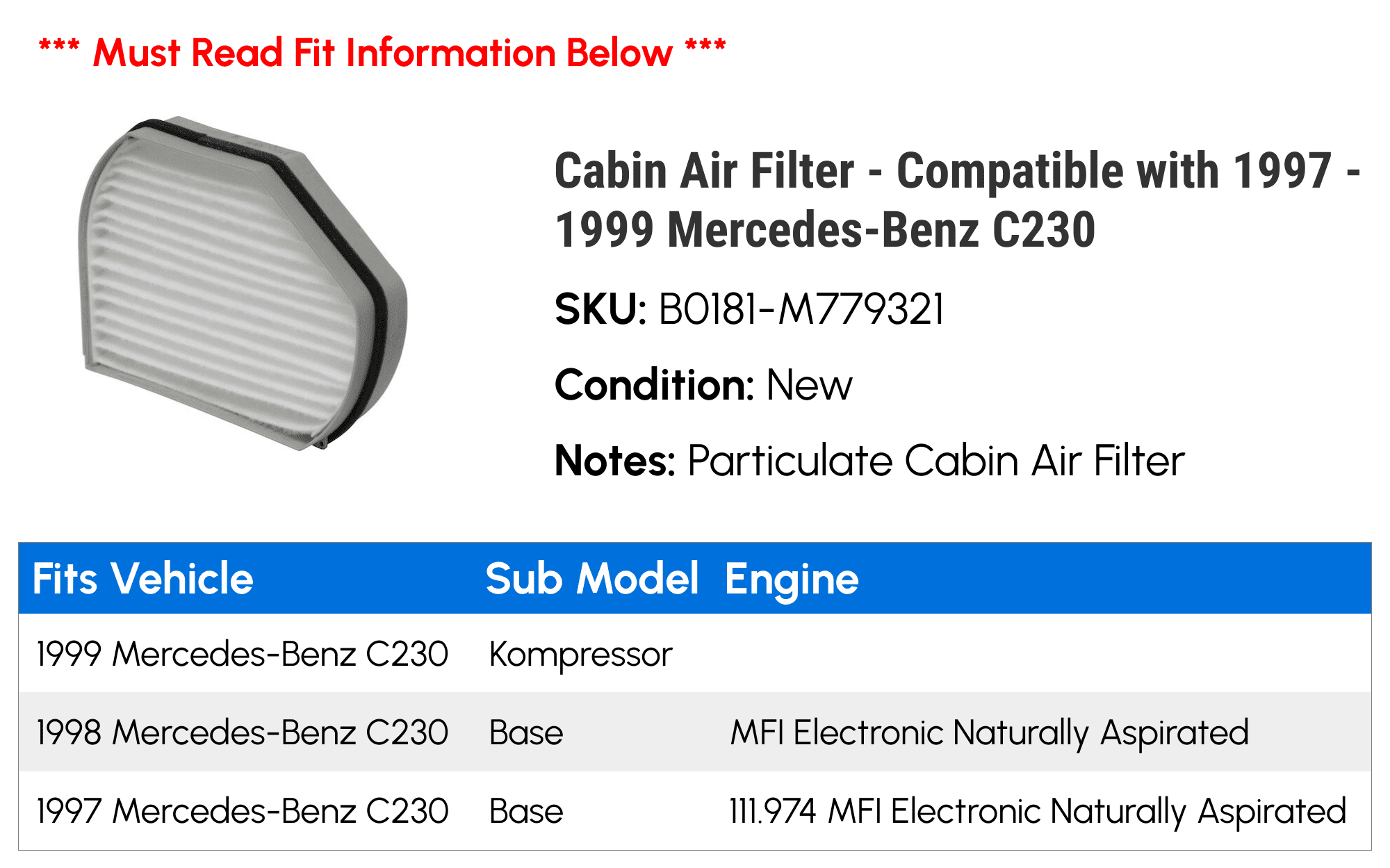 Cabin Air Filter - Compatible with 1997 - 1999 Mercedes-Benz C230 1998