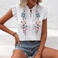 thumbnail image 6 of Tnhcen Women's Tie-Front Blouse, Floral Embroidered Short Sleeve Shirt, Summer Loose Fit Top with Ruffle Sleeves, Casual Satin Matte Shirt for Women S-2XL, 6 of 8