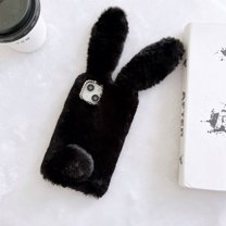 Allytech Rabbit Faux Furry Case Cover for Apple iPhone 15 Pro Max, Girly Fluffy Faux Fur Protective Anti-Scratch Bunny Case for Girls Women - Black