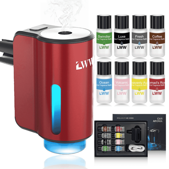 LWW Ambientador difusor para auto con clip, recargable, 8 recargas de 10 ml, rojo