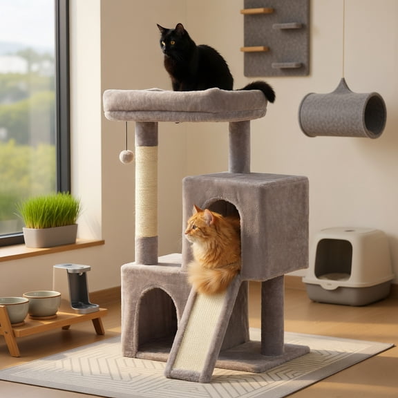Pefilos Extra-Stable 35" Large Cat Tree with Dual Enclosed Condos, Enlarged Plush Perch & Dual Scratching Surfaces, Gray