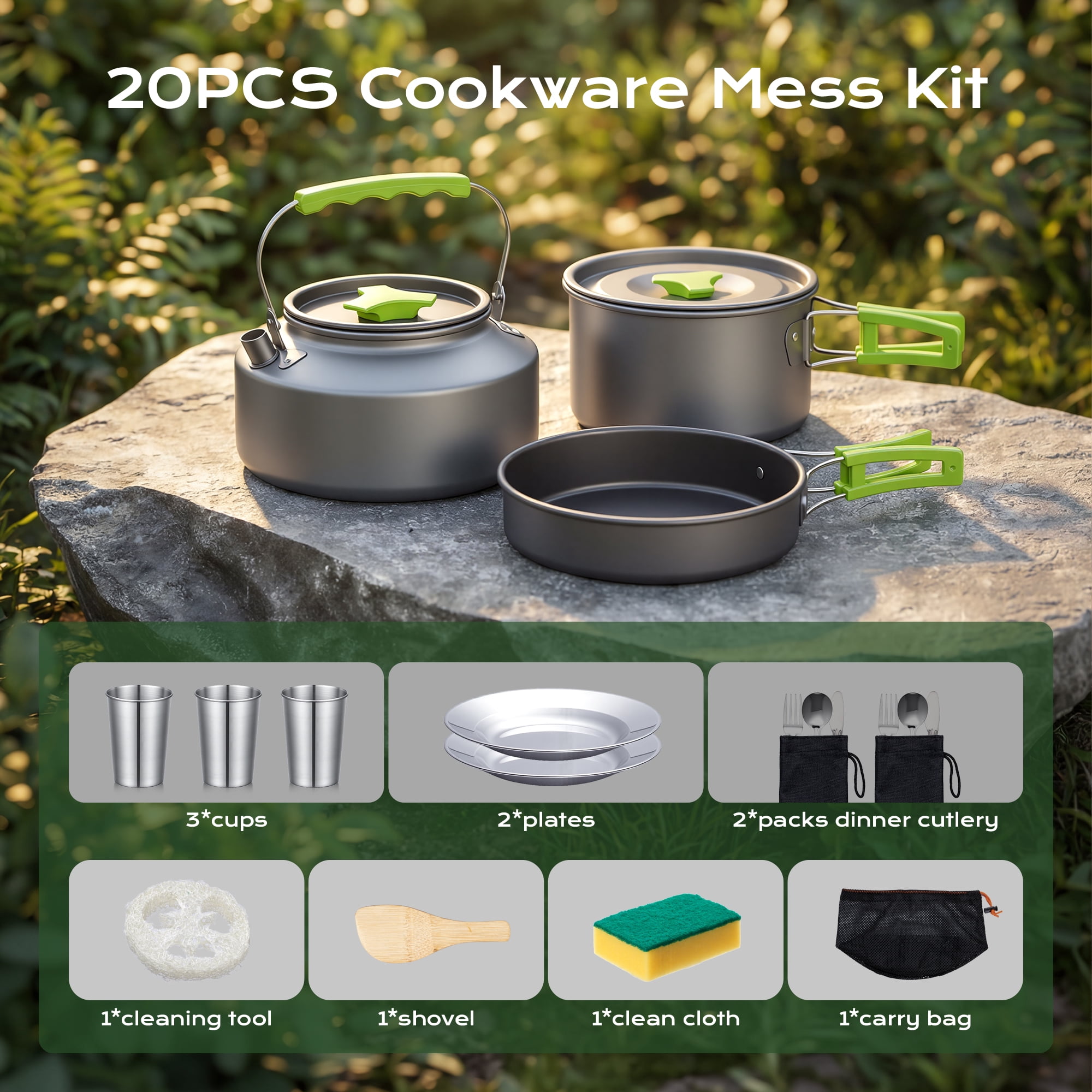 Biotree 20pcs Camping Cookware Mess Kit, Non-Stick Pot Pan Kettle Set with Stainless Steel Cups Plates Cutlery for Outdoor Camping Hiking Picnic