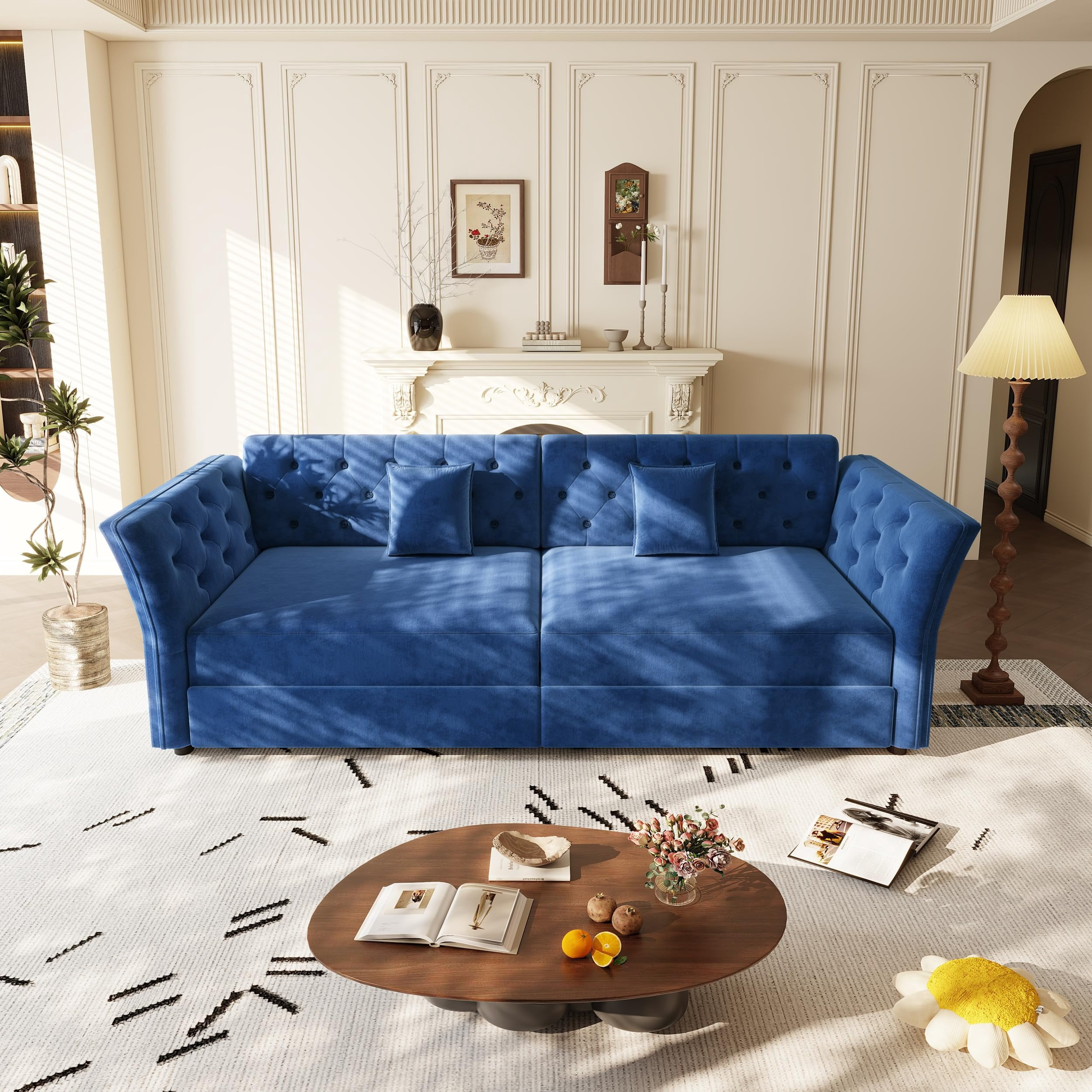 100" Oversize Velvet Sofa Bed, Blue Pull-Out Sleeper Loveseat with Handmade Flower Tufted Design, Convertible Sofa for Living Room, Bedroom, Apartment