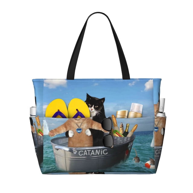 Fotbe Two Brave Cats Are Floating On The Sea Iceberg Pattern Water-Resistant Beach Travel Bag - Large Capacity Tote with 7 Pockets, Lightweight Design for Women & Men, Perfect for Beach, Pool & Gym