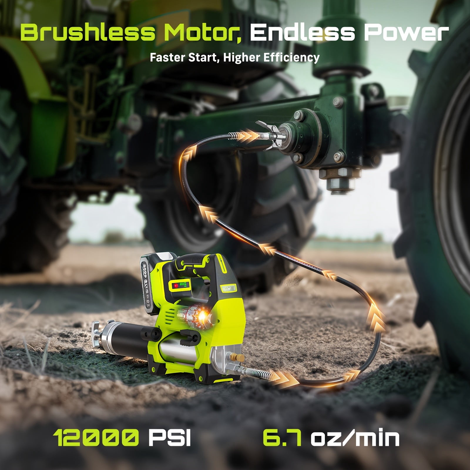 TaskStar 12000PSI Cordless Grease Gun, Brushless 3-Speed, 6.7oz/min, 2x2.0Ah Batteries Powered