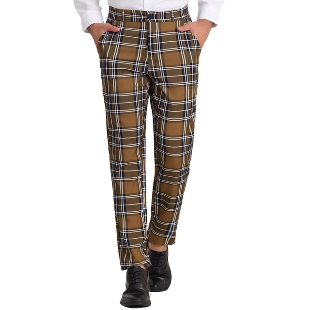 Pantalones de tela escocesa para hombre, ajuste regular, parte delantera plana, trabajo, baile de graduación, pantalones a cuadros marrón S