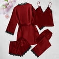 thumbnail image 4 of Rotm 4PC Silky Pjs Womens Pajamas Set, Soft Silk Satin Sleepwear Lace Trim Nightdress Pj Set, Comfy Home Lounge Wine,S, 4 of 7