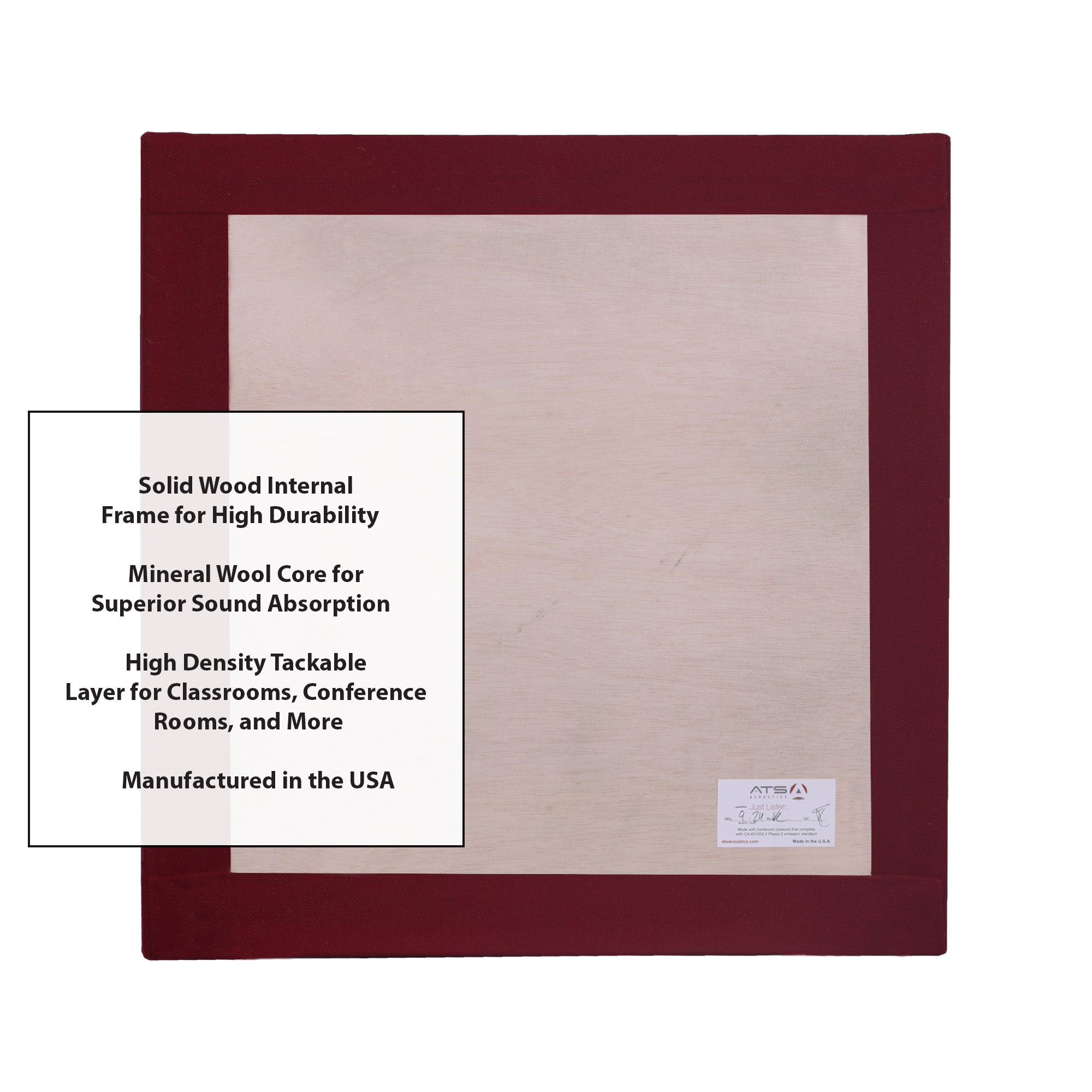 ATS Acoustics Tackable Acoustic Panel 24" x 24" x 2" Sound Absorbing Professional Studio Quality Tack Board Wall Panel (Claret)