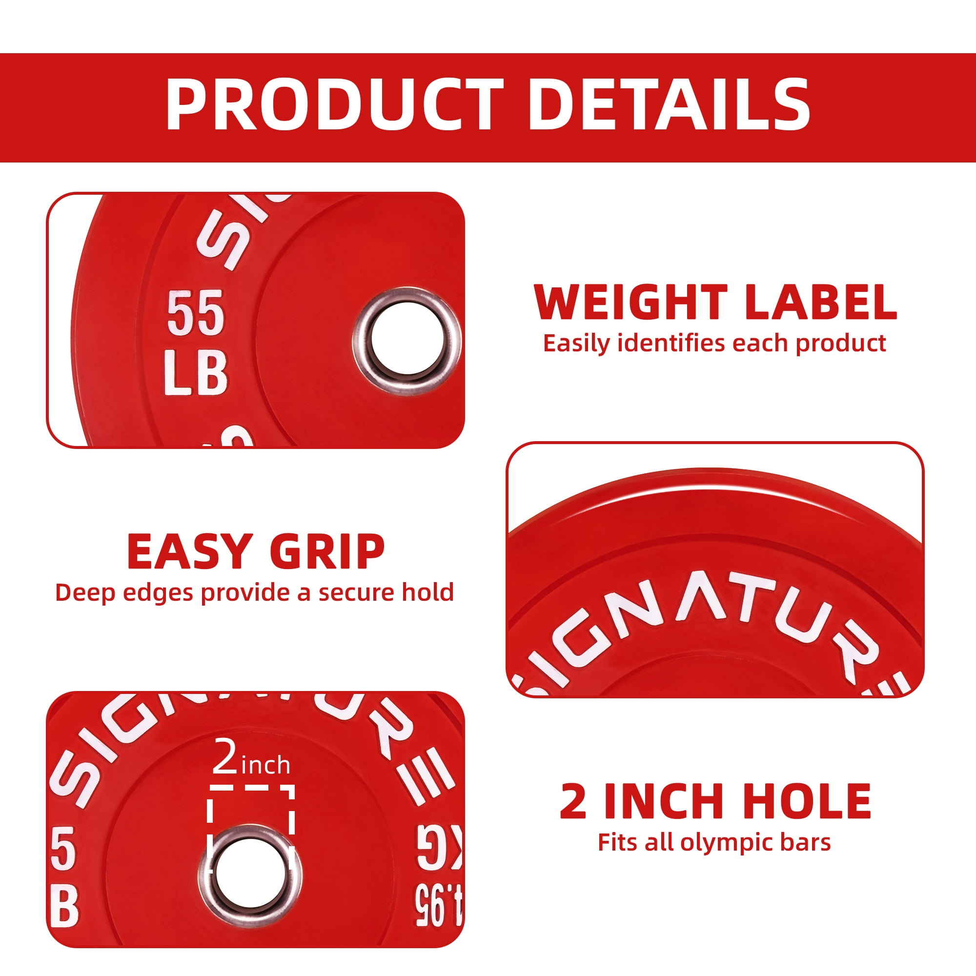 Signature Fitness Olympic Bumper Plate, 55LB, 2-Inch Weight Plate，for Strength Training & Weightlifting, Single
