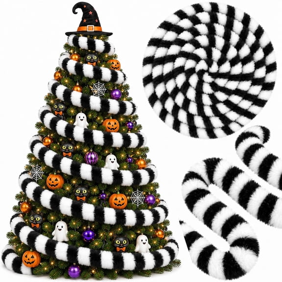 EBaokuup 33 Ft Plush Sandworm Garland, Black White Halloween Tree Ornament Decor for Spooky Party