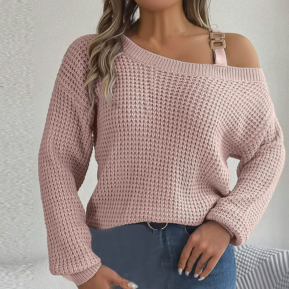 Women's Off Shoulder Pullover Long Sleeve Casual Sweater Top With Round Neck