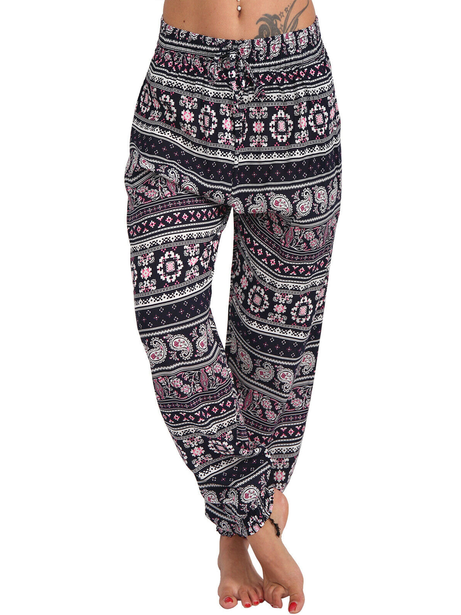 Swyss Womens Bohemian Harem Loose Yoga Pants Smocked Waist Print Travel Lounge Holiday Beach Pants