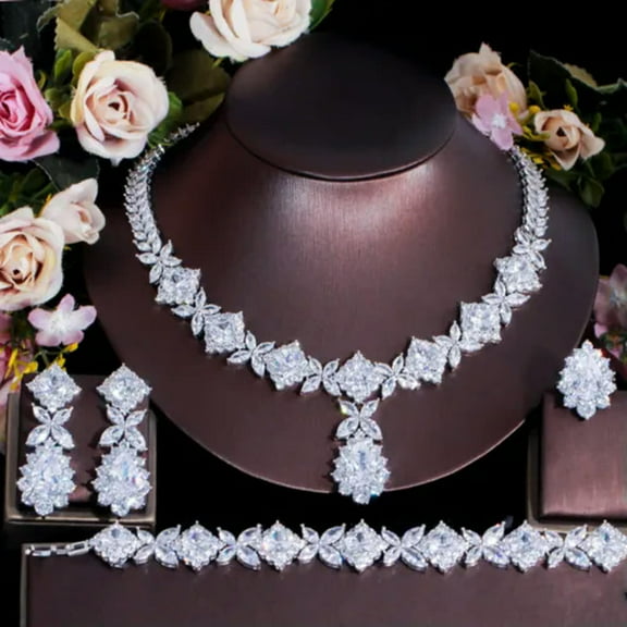 Elegant Green CZ Women Engagement Leaf Drop Necklace 4pcs African Jewellery Set