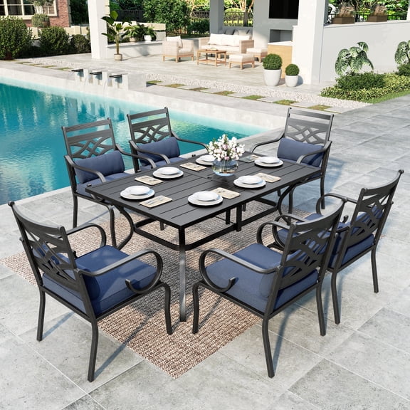 SUMMIT LIVING 7-Piece Outdoor Patio Dining Set with 6 Cushioned Chairs & Metal Steel Table with Umbrella Hole, Black & Blue